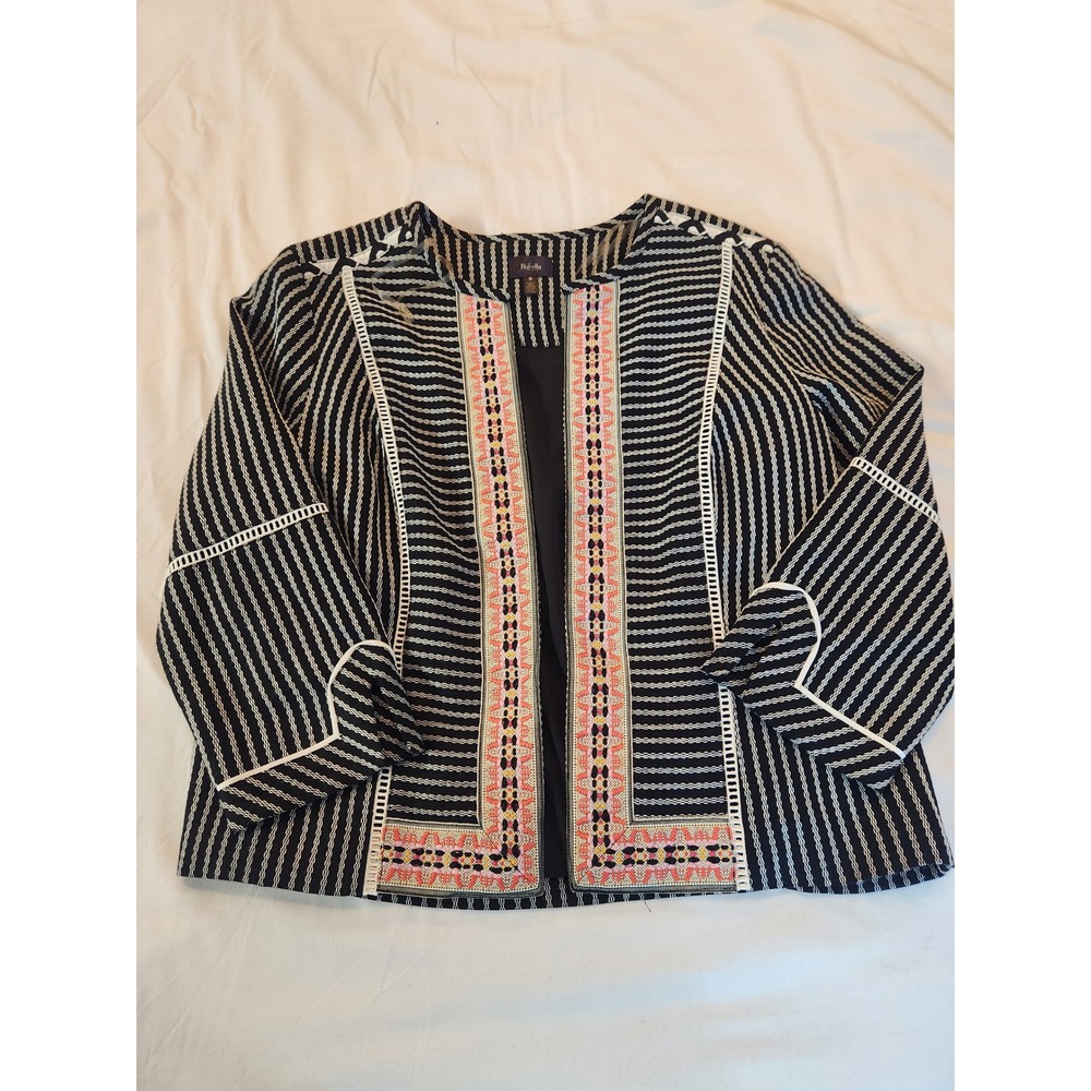 Rafaella Womens Striped Embroidered Open Front Jacket Black White Pink Size M - Picture 6 of 8